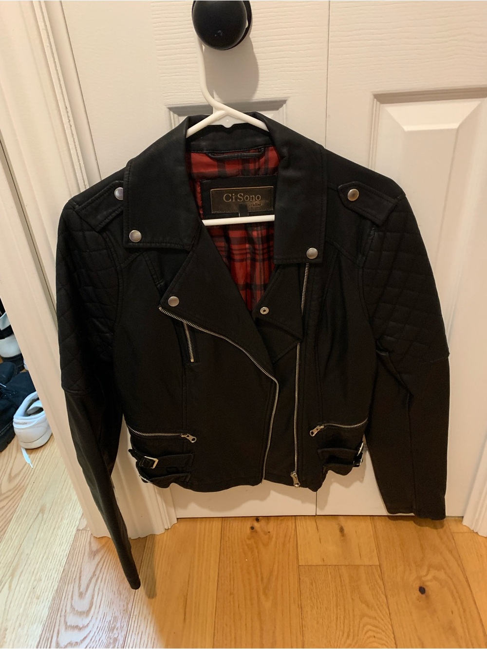 Ci Sono Black Quilted Faux-Leather Moto Jacket with Red Plaid Lining